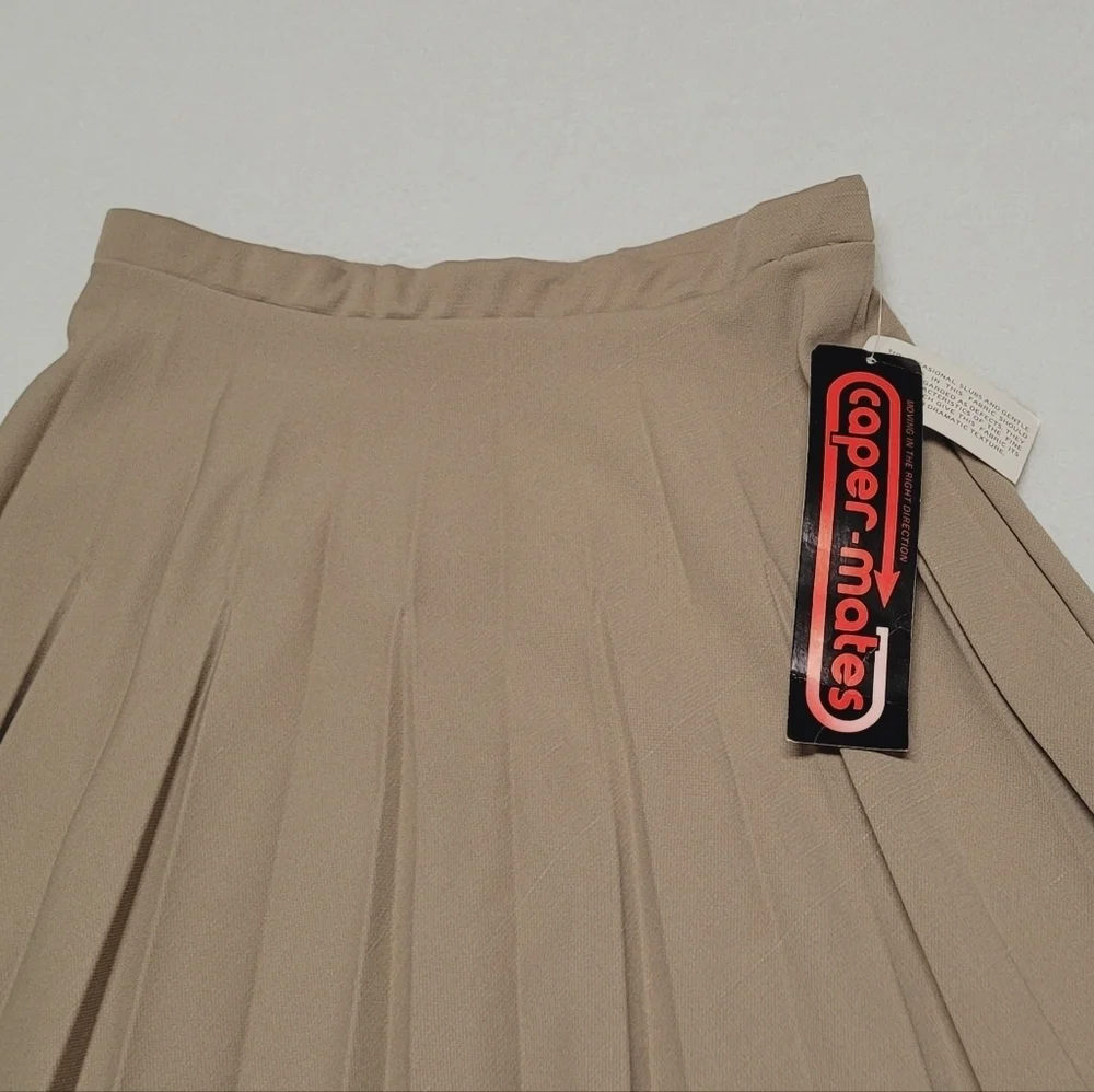 Deadstock Vintage 70s Caper-mates Stretchy Khaki Top-stitch Pleat Midi Skirt 12
